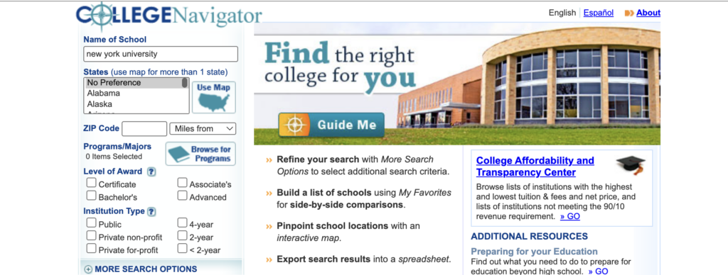 search and make colleges list in usa | College Navigator